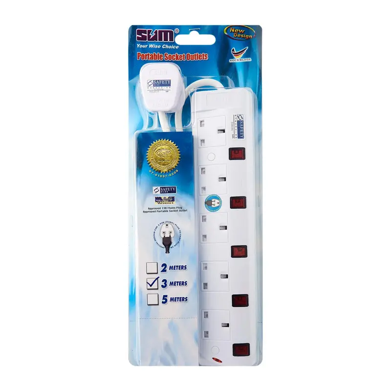 3-Pin Portable Power Board – 5 Outlets, 3-Meter Cord 1