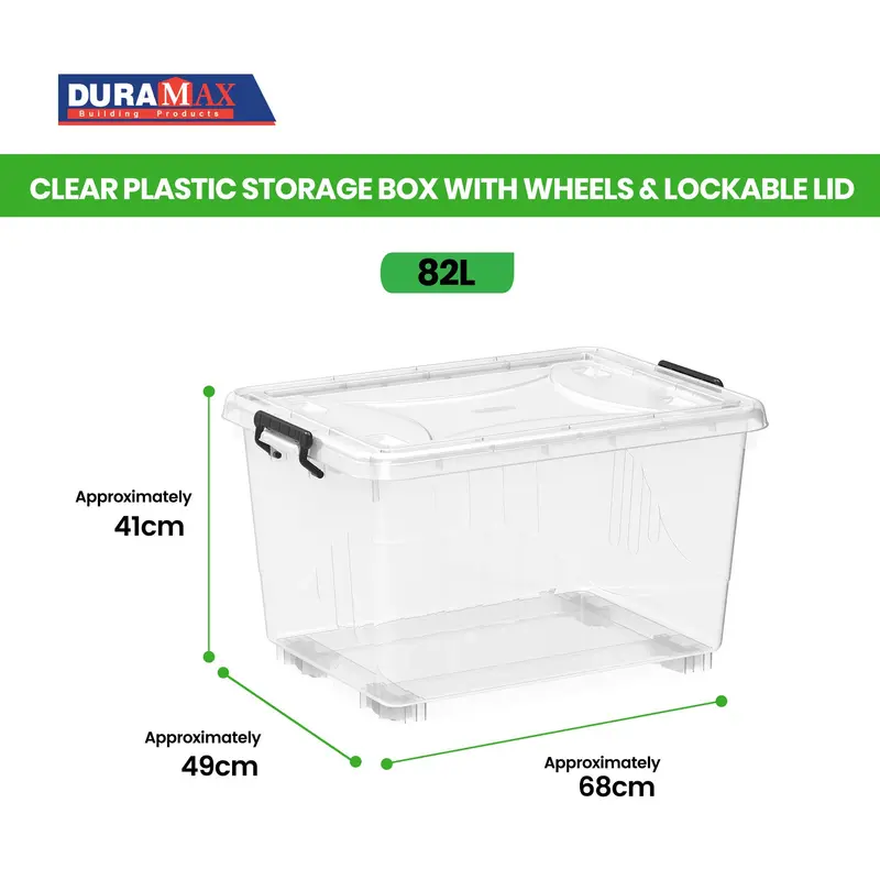 Rolling Plastic Storage Bin – 82L Transparent Container With Lockable Lid & Casters 1
