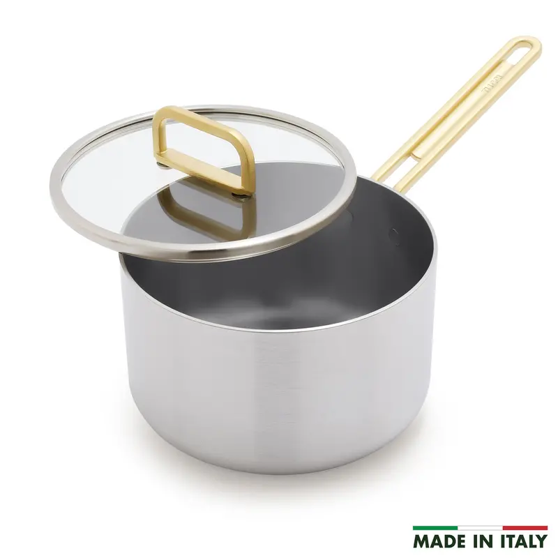Stanley Tucci Stainless Steel Saucepan – 4-Quart Ceramic Nonstick With Champagne Handles 1