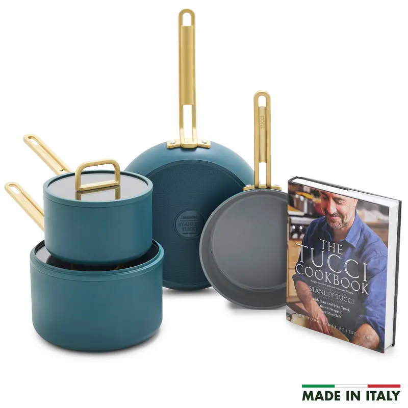 Stanley Tucci™ Venetian Teal 6-Piece Ceramic Nonstick Cookware Set + The Tucci Cookbook 1